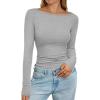 imagePRETTYGARDEN Long Sleeve Shirts for Women 2025 Fall Boat Neck Ribbed Knit Ruched Fitted Going Out Tops Casual Basic TeesLight Grey