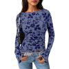 imagePRETTYGARDEN Women Long Sleeve Floral Mesh Tops Blouse 2025 Fall Trendy Boat Neck Ruched Fitted Shirt Going Out Date OutfitsDusty Blue