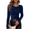 imagePRETTYGARDEN Womens Long Sleeve Cowl Neck Ribbed Knit Fall Shirts Slim Fit Ruched Going Out Crop Tops Basic TShirtsNavy Blue