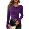 imagePRETTYGARDEN Womens Long Sleeve Cowl Neck Ribbed Knit Fall Shirts Slim Fit Ruched Going Out Crop Tops Basic TShirtsPurple