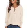 imagePRETTYGARDEN Womens Long Sleeve Waffle Knit Shirts 2025 Fall Casual Button Up Henley V Neck Tunic Tops Loose Fit Basic TeesBeige