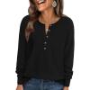 imagePRETTYGARDEN Womens Long Sleeve Waffle Knit Shirts 2025 Fall Casual Button Up Henley V Neck Tunic Tops Loose Fit Basic TeesBlack