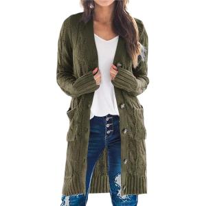imagePRETTYGARDEN Long Sleeve Cable Knit Long Cardigan for Women 2025 Fall Winter Chunky Open Front Button Sweaters with PocketsArmy Green