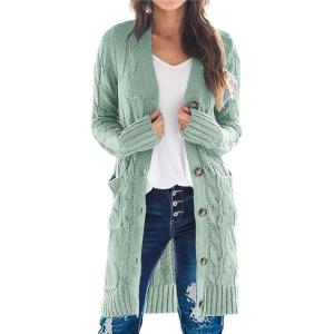 imagePRETTYGARDEN Long Sleeve Cable Knit Long Cardigan for Women 2025 Fall Winter Chunky Open Front Button Sweaters with PocketsBean Green