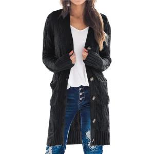 imagePRETTYGARDEN Long Sleeve Cable Knit Long Cardigan for Women 2025 Fall Winter Chunky Open Front Button Sweaters with PocketsBlack