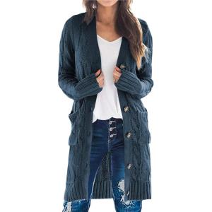 imagePRETTYGARDEN Long Sleeve Cable Knit Long Cardigan for Women 2025 Fall Winter Chunky Open Front Button Sweaters with PocketsBlue