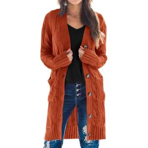 imagePRETTYGARDEN Long Sleeve Cable Knit Long Cardigan for Women 2025 Fall Winter Chunky Open Front Button Sweaters with PocketsCaramel
