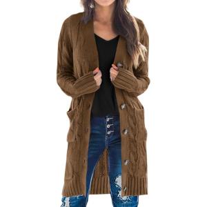 imagePRETTYGARDEN Long Sleeve Cable Knit Long Cardigan for Women 2025 Fall Winter Chunky Open Front Button Sweaters with PocketsCoffee