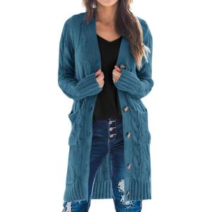 imagePRETTYGARDEN Long Sleeve Cable Knit Long Cardigan for Women 2025 Fall Winter Chunky Open Front Button Sweaters with PocketsCyan