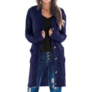 imagePRETTYGARDEN Long Sleeve Cable Knit Long Cardigan for Women 2025 Fall Winter Chunky Open Front Button Sweaters with PocketsDark Blue