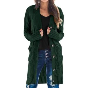 imagePRETTYGARDEN Long Sleeve Cable Knit Long Cardigan for Women 2025 Fall Winter Chunky Open Front Button Sweaters with PocketsDark Green