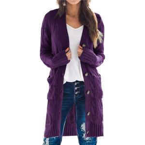 imagePRETTYGARDEN Long Sleeve Cable Knit Long Cardigan for Women 2025 Fall Winter Chunky Open Front Button Sweaters with PocketsDeep Purple