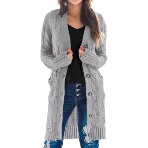 imagePRETTYGARDEN Long Sleeve Cable Knit Long Cardigan for Women 2025 Fall Winter Chunky Open Front Button Sweaters with PocketsGrey