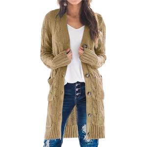 imagePRETTYGARDEN Long Sleeve Cable Knit Long Cardigan for Women 2025 Fall Winter Chunky Open Front Button Sweaters with PocketsKhaki