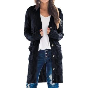 imagePRETTYGARDEN Long Sleeve Cable Knit Long Cardigan for Women 2025 Fall Winter Chunky Open Front Button Sweaters with PocketsNavy