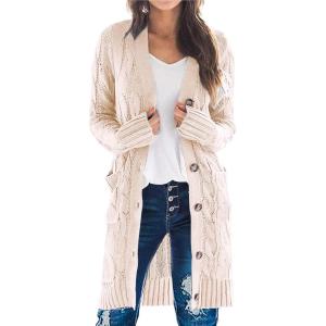 imagePRETTYGARDEN Long Sleeve Cable Knit Long Cardigan for Women 2025 Fall Winter Chunky Open Front Button Sweaters with PocketsOffwhite