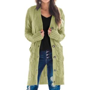 imagePRETTYGARDEN Long Sleeve Cable Knit Long Cardigan for Women 2025 Fall Winter Chunky Open Front Button Sweaters with PocketsOlive Green