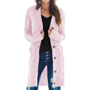 imagePRETTYGARDEN Long Sleeve Cable Knit Long Cardigan for Women 2025 Fall Winter Chunky Open Front Button Sweaters with PocketsPink
