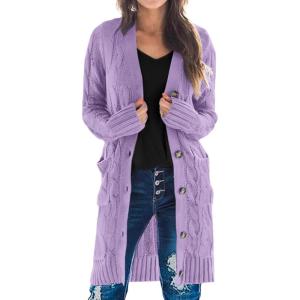 imagePRETTYGARDEN Long Sleeve Cable Knit Long Cardigan for Women 2025 Fall Winter Chunky Open Front Button Sweaters with PocketsPurple