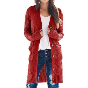 imagePRETTYGARDEN Long Sleeve Cable Knit Long Cardigan for Women 2025 Fall Winter Chunky Open Front Button Sweaters with PocketsRust Red