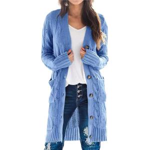 imagePRETTYGARDEN Long Sleeve Cable Knit Long Cardigan for Women 2025 Fall Winter Chunky Open Front Button Sweaters with PocketsSky Blue
