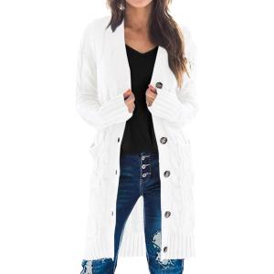 imagePRETTYGARDEN Long Sleeve Cable Knit Long Cardigan for Women 2025 Fall Winter Chunky Open Front Button Sweaters with PocketsSnow White