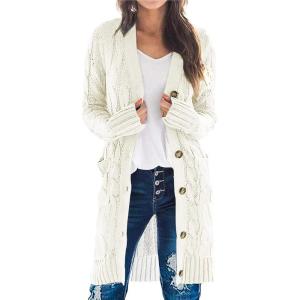 imagePRETTYGARDEN Long Sleeve Cable Knit Long Cardigan for Women 2025 Fall Winter Chunky Open Front Button Sweaters with PocketsWhite