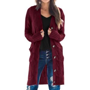 imagePRETTYGARDEN Long Sleeve Cable Knit Long Cardigan for Women 2025 Fall Winter Chunky Open Front Button Sweaters with PocketsWine Red