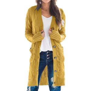 imagePRETTYGARDEN Long Sleeve Cable Knit Long Cardigan for Women 2025 Fall Winter Chunky Open Front Button Sweaters with PocketsYellow