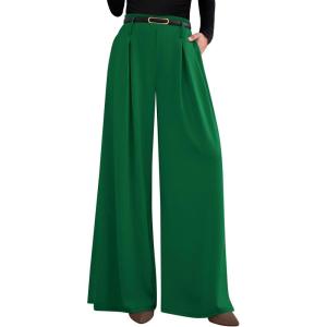 imagePRETTYGARDEN Womens Fall Wide Leg Trousers 2025 High Elastic Waist Loose Pleated Long Flowy Palazzo Work Pants with PocketsGreen