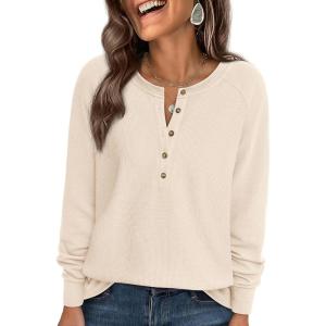 imagePRETTYGARDEN Womens Long Sleeve Waffle Knit Shirts 2025 Fall Casual Button Up Henley V Neck Tunic Tops Loose Fit Basic TeesBeige