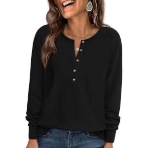imagePRETTYGARDEN Womens Long Sleeve Waffle Knit Shirts 2025 Fall Casual Button Up Henley V Neck Tunic Tops Loose Fit Basic TeesBlack