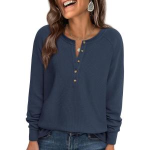 imagePRETTYGARDEN Womens Long Sleeve Waffle Knit Shirts 2025 Fall Casual Button Up Henley V Neck Tunic Tops Loose Fit Basic TeesNavy Blue