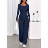 imagePRETTYGARDEN Jumpsuits for Women Dressy Casual 2025 Fall One Piece Outfits Long Sleeve Wide Leg Pants Romper Fashion ClothingNavy Blue