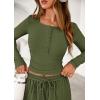 imagePRETTYGARDEN Womens 2025 Fall Trendy 2 Piece Outfits Lounge Sets Long Sleeve Top Henley Shirts Wide Leg Pants Travel ClothesArmy Green