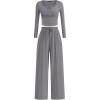 imagePRETTYGARDEN Womens 2025 Fall Trendy 2 Piece Outfits Lounge Sets Long Sleeve Top Henley Shirts Wide Leg Pants Travel ClothesGrey