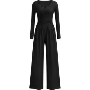 imagePRETTYGARDEN Jumpsuits for Women Dressy Casual 2025 Fall One Piece Outfits Long Sleeve Wide Leg Pants Romper Fashion ClothingBlack