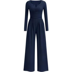 imagePRETTYGARDEN Jumpsuits for Women Dressy Casual 2025 Fall One Piece Outfits Long Sleeve Wide Leg Pants Romper Fashion ClothingNavy Blue