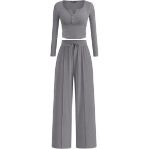 imagePRETTYGARDEN Womens 2025 Fall Trendy 2 Piece Outfits Lounge Sets Long Sleeve Top Henley Shirts Wide Leg Pants Travel ClothesGrey