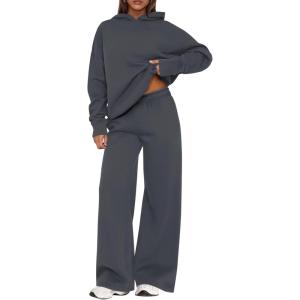 imagePRETTYGARDEN Womens Sweatsuits 2 Piece Set 2025 Casual Winter Long Sleeve Hoodie Loose Wide Leg Sweatpants Fall TracksuitDark Grey