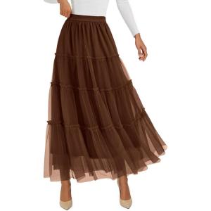imagePRETTYGARDEN Tulle Skirts for Women 2025 Fall Fashion Elastic High Waisted Fairy Tiered Flowy ALine Casual Maxi Long SkirtBrown