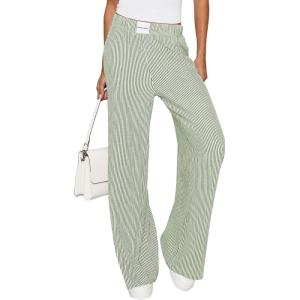 imagePRETTYGARDEN Womens Wide Leg Striped Pants 2025 Fall Casual High Waisted Baggy Palazzo Lounge Trousers Fashion BottomsLight Green