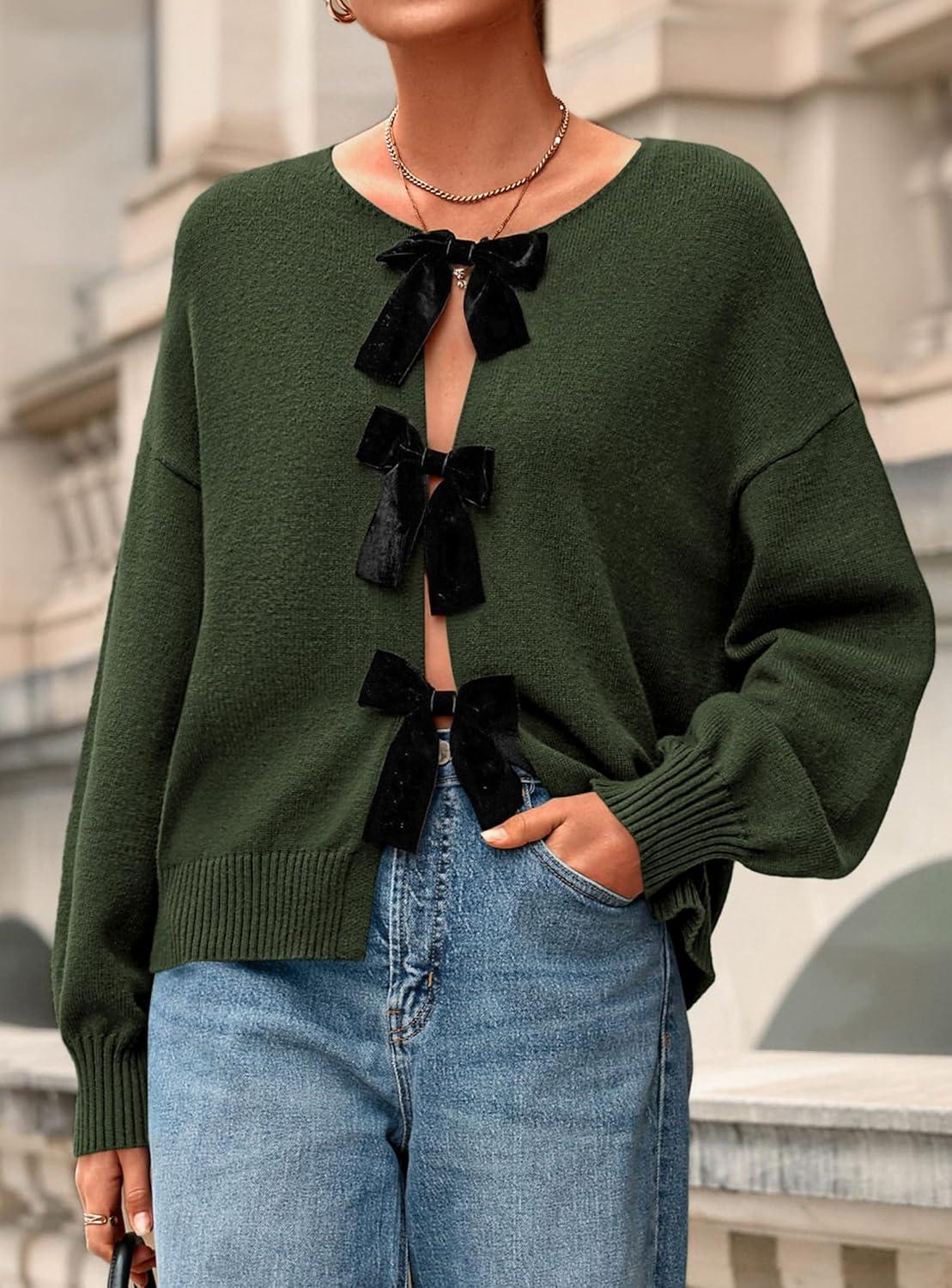 imagePRETTYGARDEN Cardigan Sweaters for Women Fall Fashion 2025 Bow Tie Front Long Sleeve Knit Sweater Tops Cute Winter ClothesArmy Green