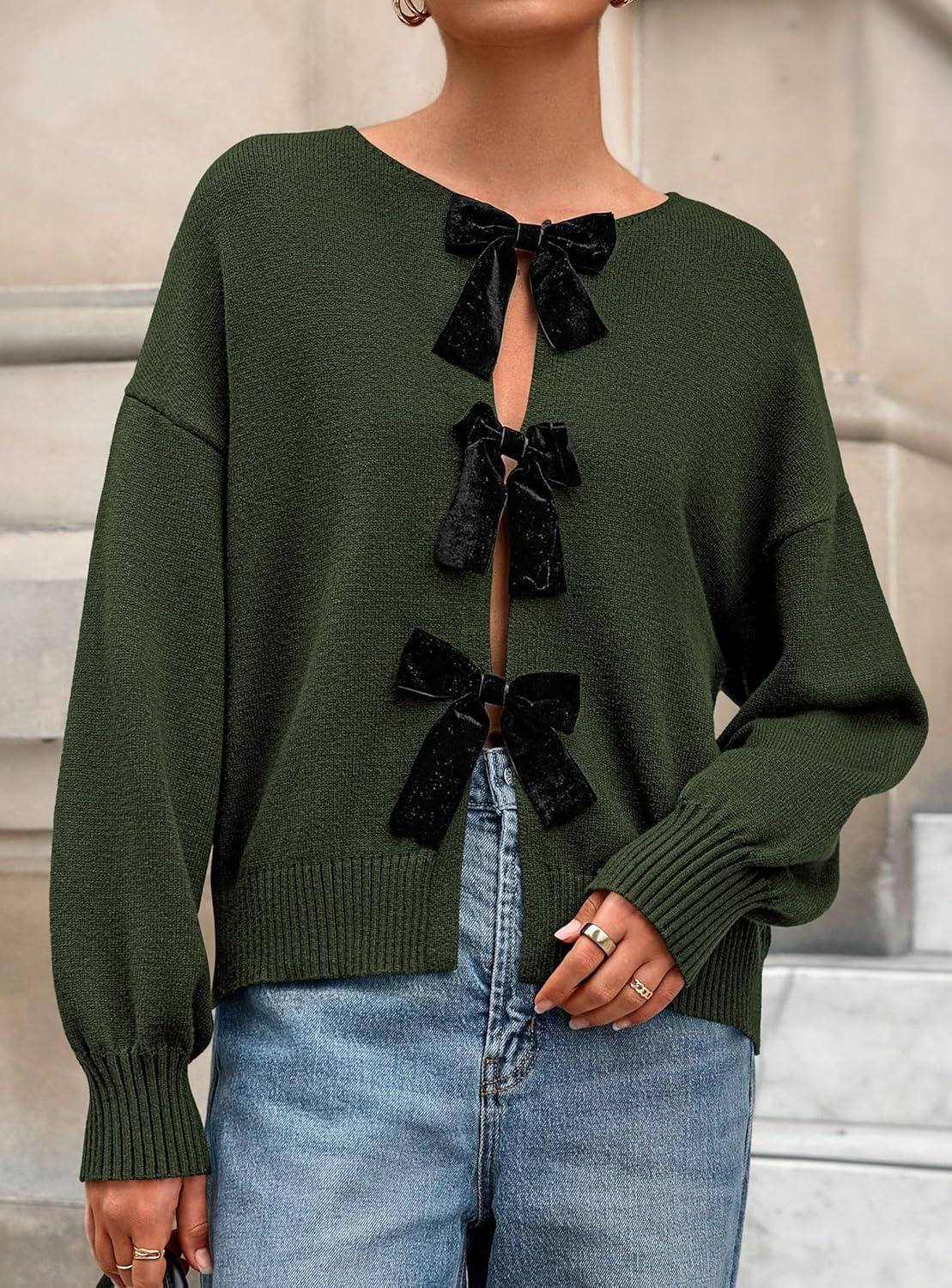 imagePRETTYGARDEN Cardigan Sweaters for Women Fall Fashion 2025 Bow Tie Front Long Sleeve Knit Sweater Tops Cute Winter ClothesArmy Green