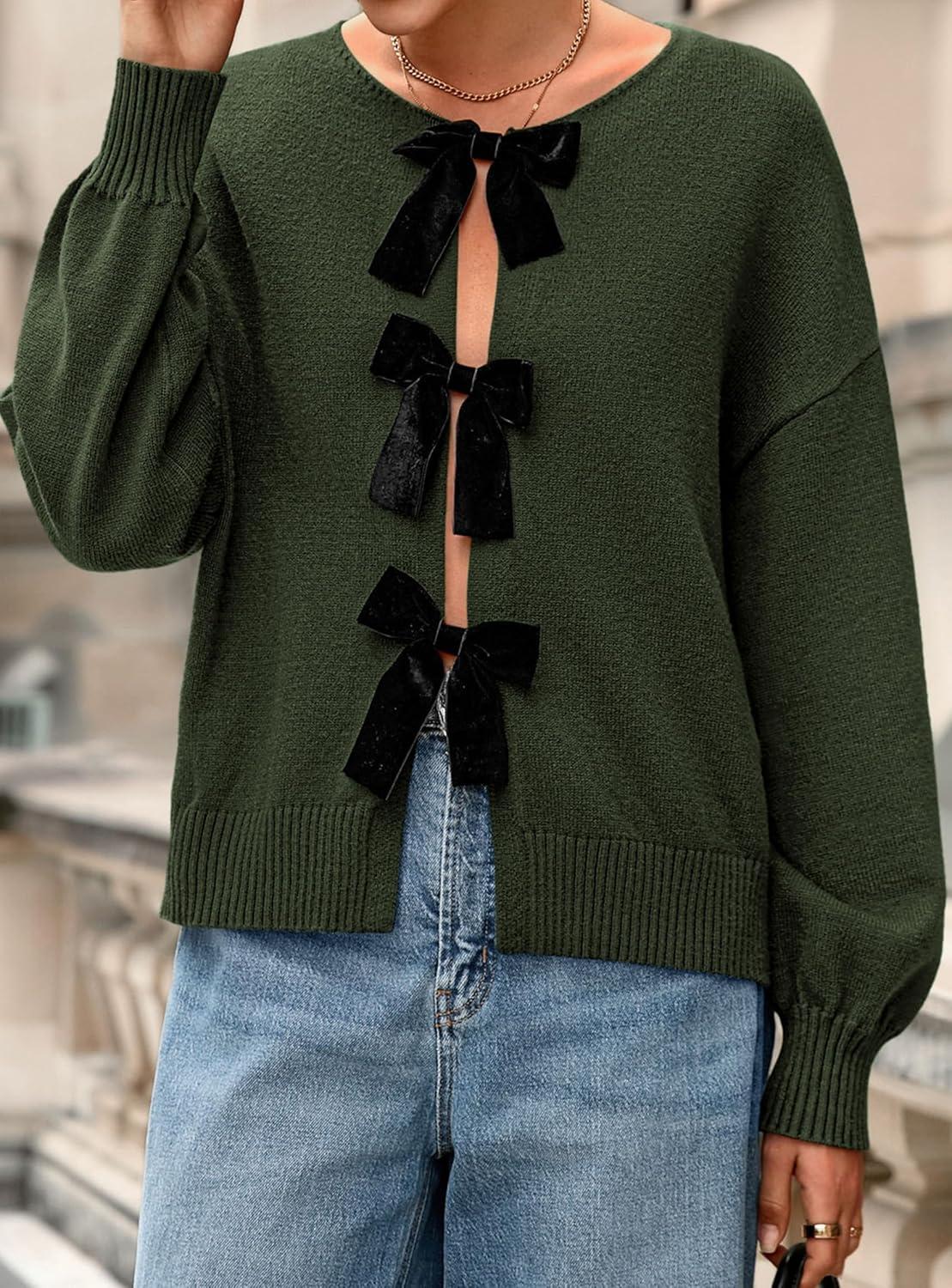 imagePRETTYGARDEN Cardigan Sweaters for Women Fall Fashion 2025 Bow Tie Front Long Sleeve Knit Sweater Tops Cute Winter ClothesArmy Green