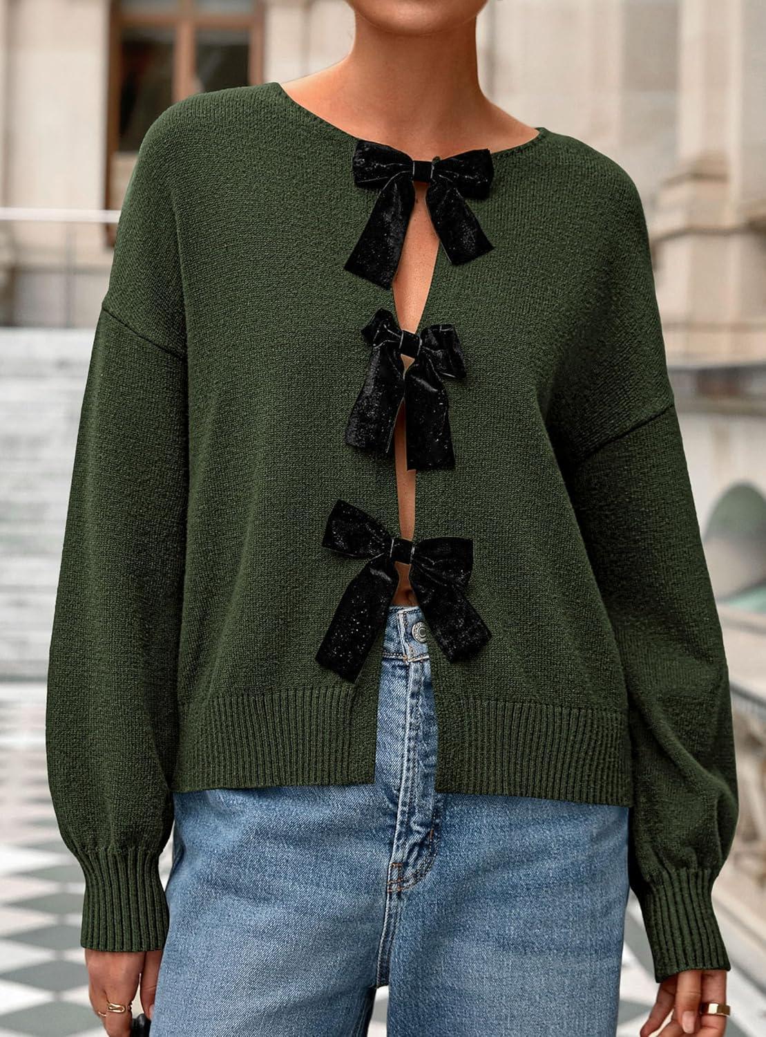 imagePRETTYGARDEN Cardigan Sweaters for Women Fall Fashion 2025 Bow Tie Front Long Sleeve Knit Sweater Tops Cute Winter ClothesArmy Green
