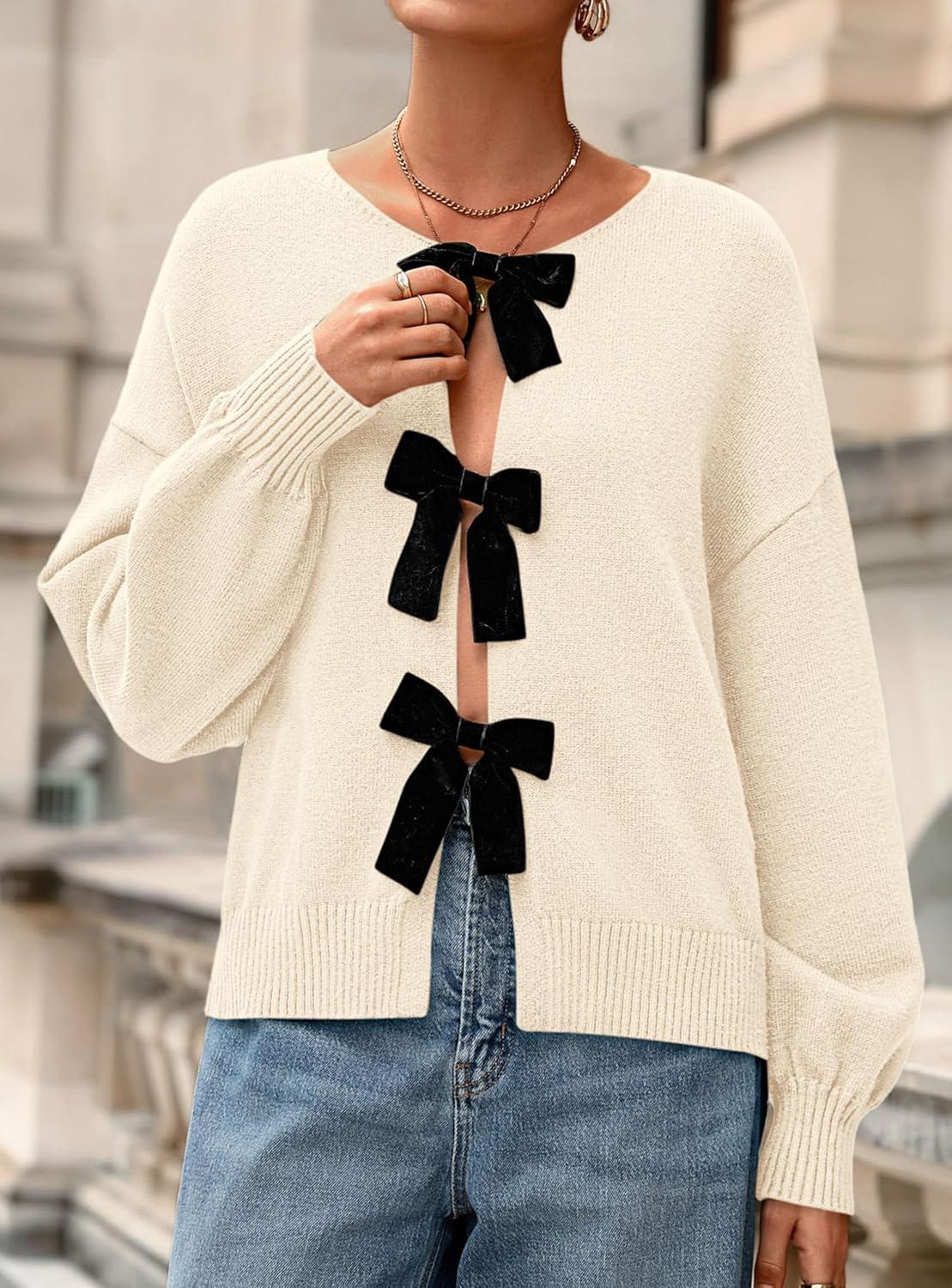 imagePRETTYGARDEN Cardigan Sweaters for Women Fall Fashion 2025 Bow Tie Front Long Sleeve Knit Sweater Tops Cute Winter ClothesBeige