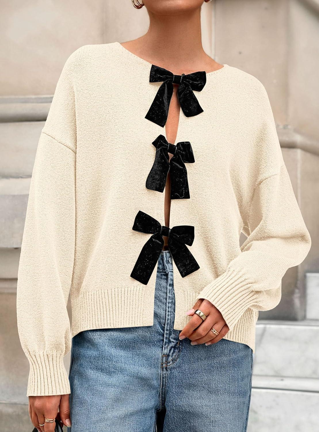 imagePRETTYGARDEN Cardigan Sweaters for Women Fall Fashion 2025 Bow Tie Front Long Sleeve Knit Sweater Tops Cute Winter ClothesBeige