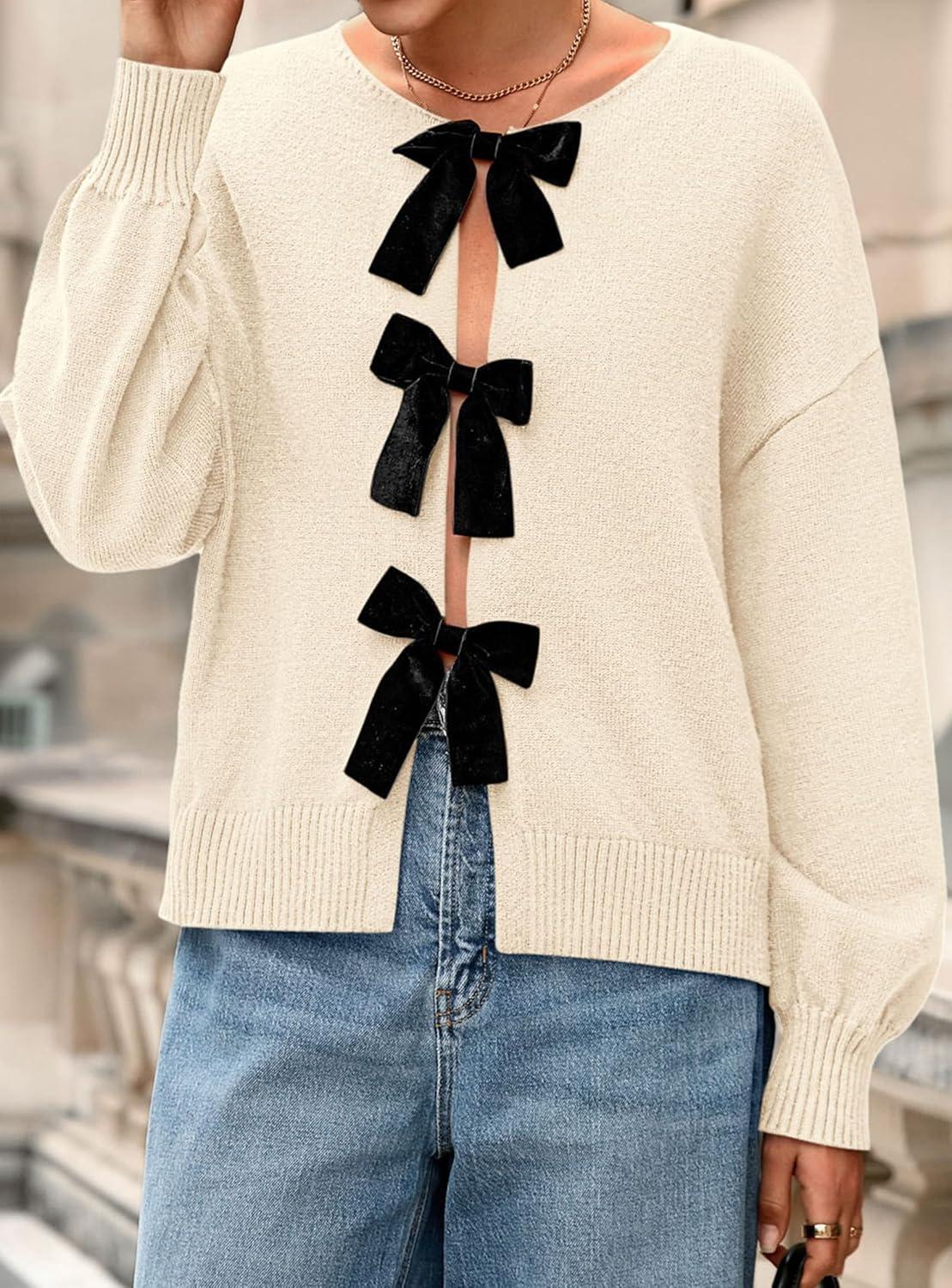 imagePRETTYGARDEN Cardigan Sweaters for Women Fall Fashion 2025 Bow Tie Front Long Sleeve Knit Sweater Tops Cute Winter ClothesBeige