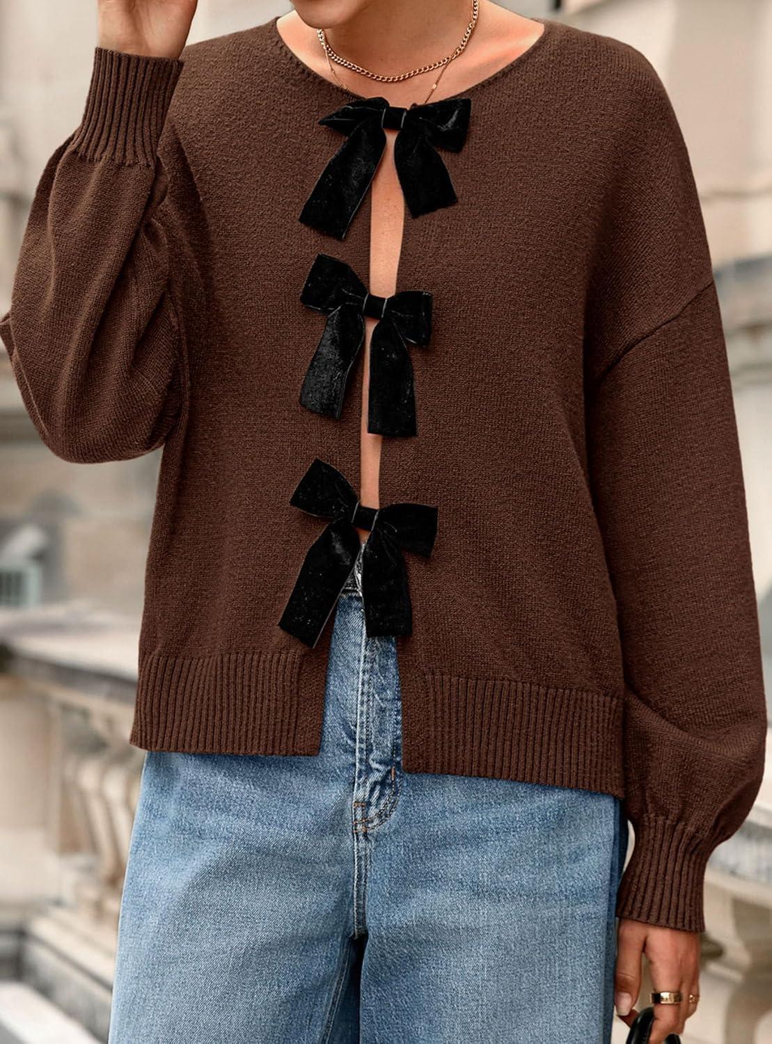 imagePRETTYGARDEN Cardigan Sweaters for Women Fall Fashion 2025 Bow Tie Front Long Sleeve Knit Sweater Tops Cute Winter ClothesBrown